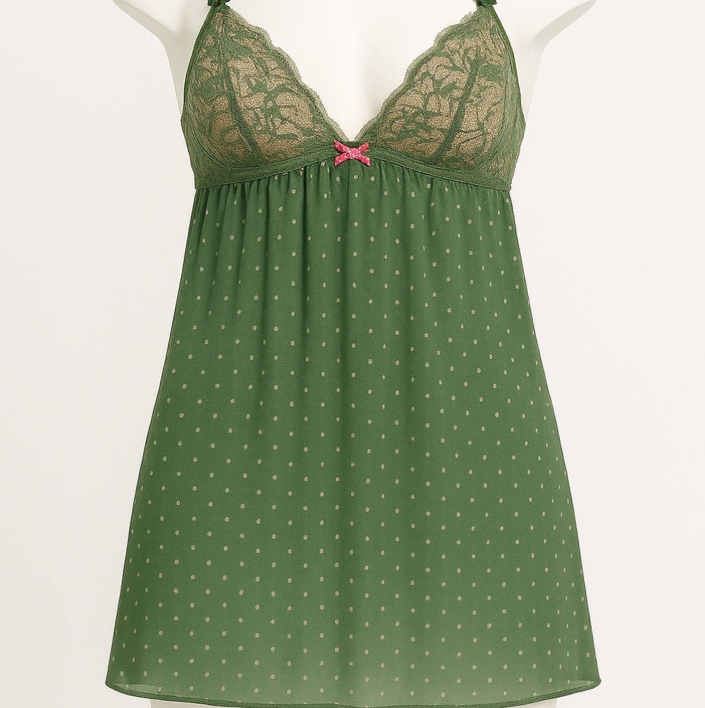 La Vie En Rose Lingerie Babydoll Size Large Green Pink Polka Dot Sheer Padded